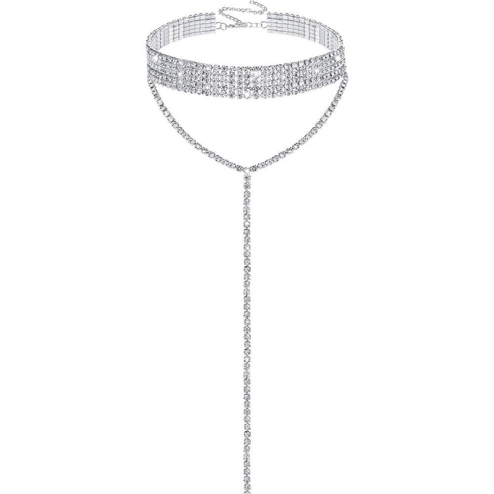 Silver rhinestone choker necklace 5 rows crystal design for women